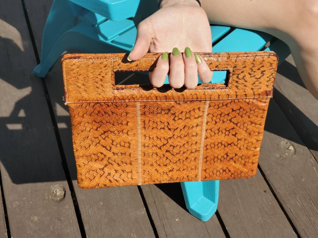 Tan Snake Skin Bag With Top Handle, Clutch Style Bag Etsy