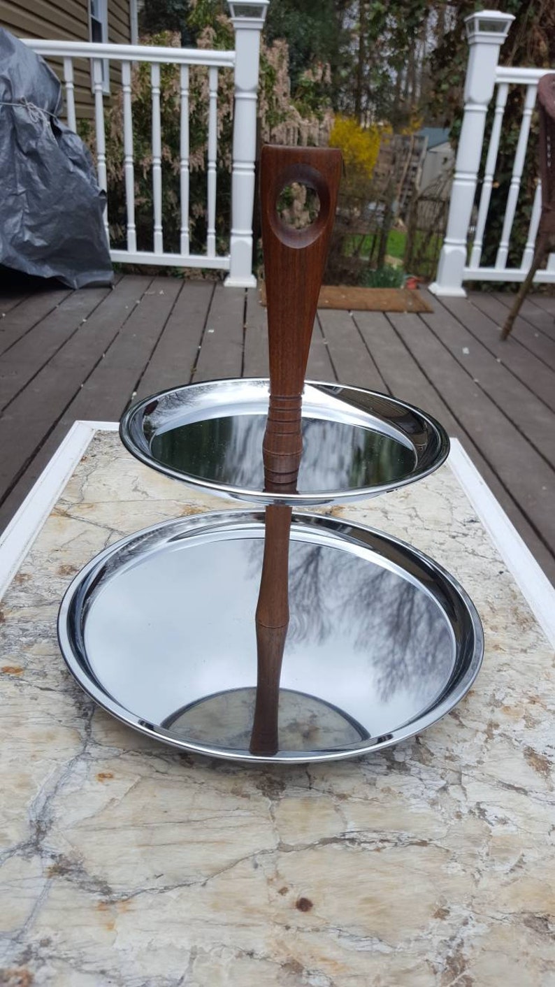 many uses! wood and metal Mid-century modern two tiered tidbit tray