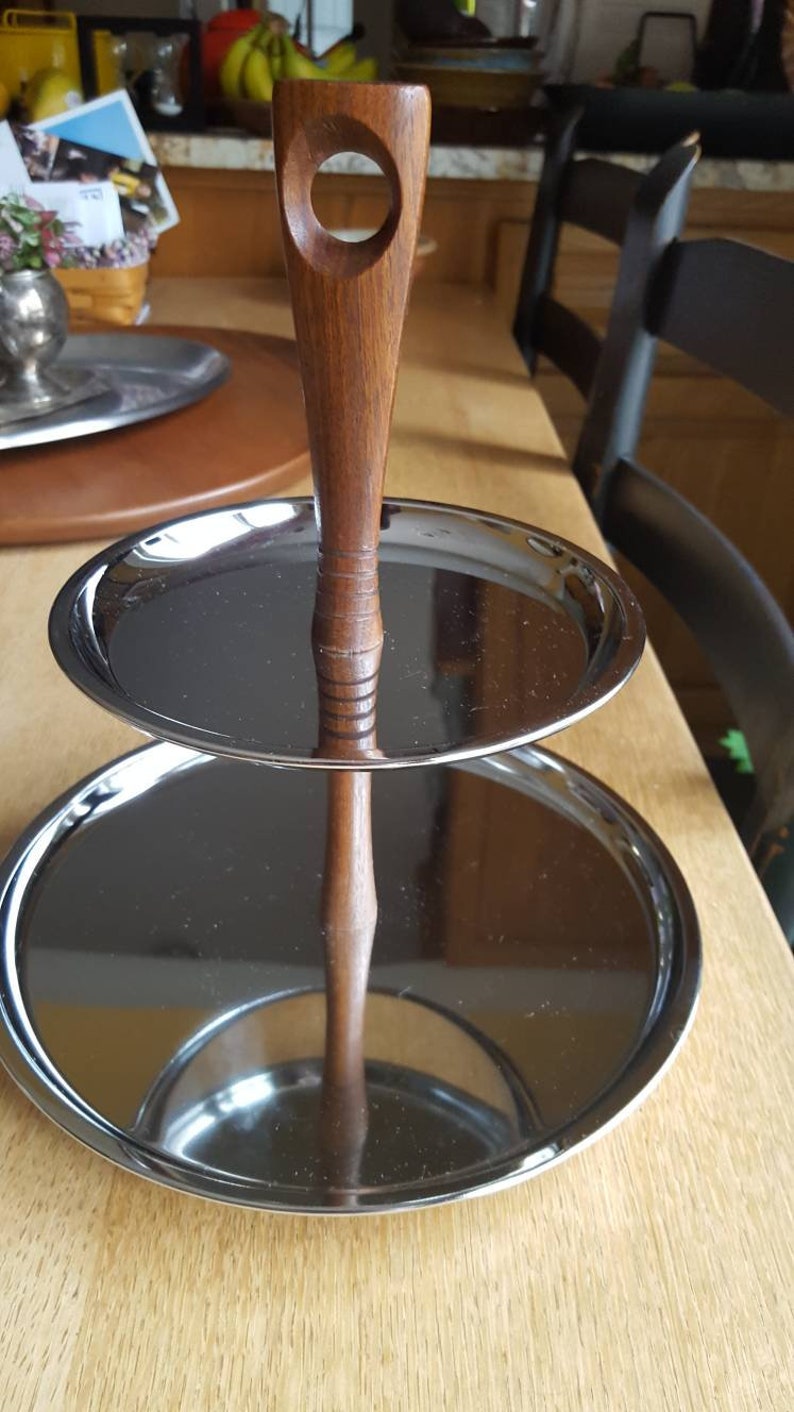 many uses! wood and metal Mid-century modern two tiered tidbit tray