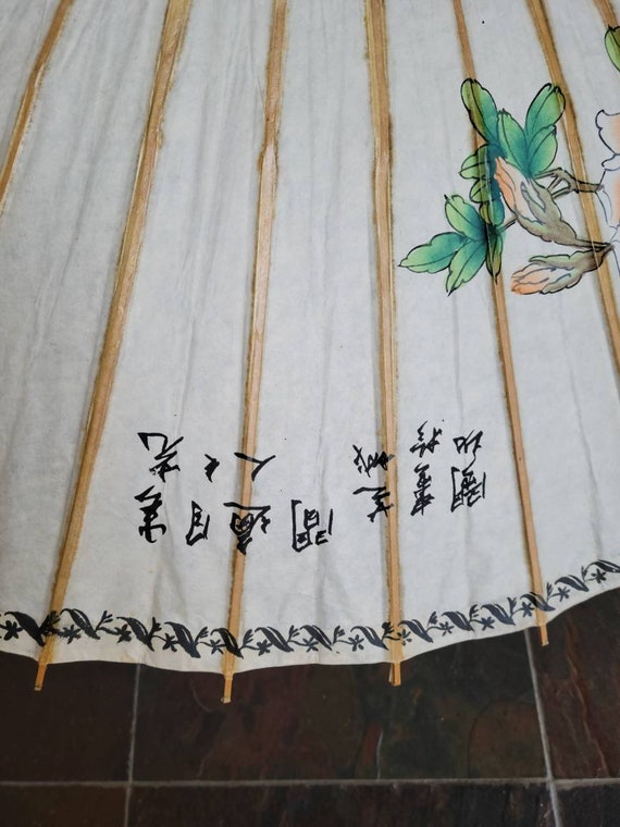 Vintage Asian Parasol Umbrella Rice Paper and  Ba… - image 6