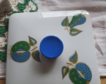 Georges Briard square blue and green forbidden fruit patterned lid, lid only