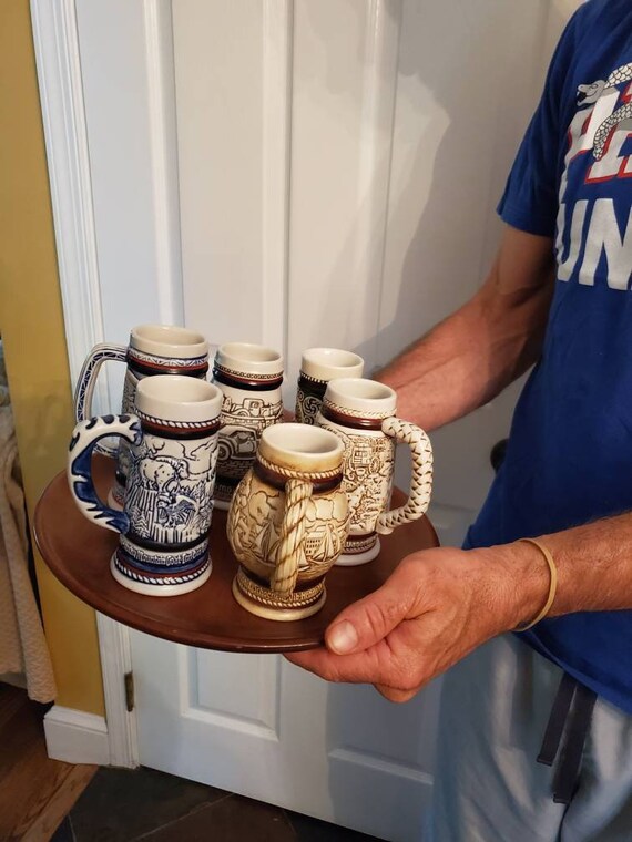 Vintage mini Avon beer steins, ships, autos, cowboys, wildlife, airplanes, hunting themed mugs