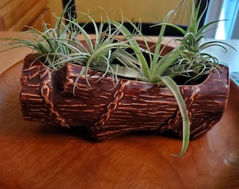 Log and chain McCoy planter, made in USA, brown log shaped from the fancy planter line