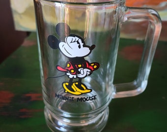 Vintage Minnie Mouse Walt Disney Productions glass mug, D handle, pedestal base