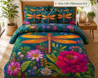 Juego de ropa de cama floral con libélulas, funda nórdica botánica color turquesa, edredón o colcha de estilo rústico colorido, decoración de dormitorio con temática de jardín.