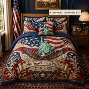 Könnte beinhalten: Ein patriotisches Bettwäsche-Set mit der amerikanischen Flagge, der Freiheitsstatue und einem Adler. Die Bettdecke und Kissenbezüge zeigen ein rot-weiß-blaues Farbschema mit dem Text "250 Years. One Nation. 1776-2026".