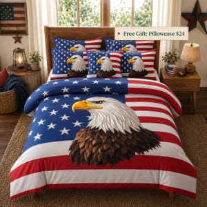 Könnte beinhalten: Ein patriotisches Bettwäsche-Set mit der amerikanischen Flagge und einem Weißkopfseeadler. Der Bettbezug und die Kissenbezüge zeigen die Sterne und Streifen der Flagge, mit einer detaillierten Adlerillustration. Das Set enthält einen kostenlosen Kissenbezug.