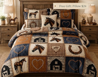 Juego de ropa de cama con estampado de caballos del oeste, decoración rústica para dormitorio de granja, juego de ropa de cama personalizado, funda nórdica con estampado de herraduras, edredón o colcha.