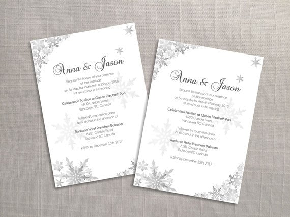 Diy Printable Wedding Invitation Card Template Editable Ms Word File 5 X 7 Instant Download Winter Silver Snowflakes