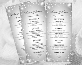 DIY Printable Wedding Menu Template | Sparkly | Editable MS Word file | 4 x 9.25 | Instant Download | New Years Sparkles Silver