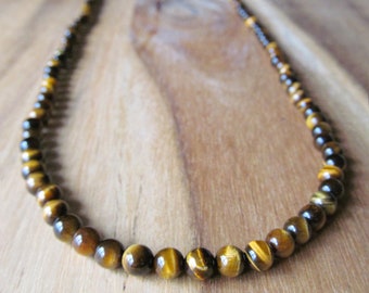 6mm Tiger Eye Necklace, Long Beaded Necklace for Men, Mens Choker