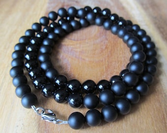 8mm Black Onyx and Matte Black Onyx  Long Beaded Necklace for Men