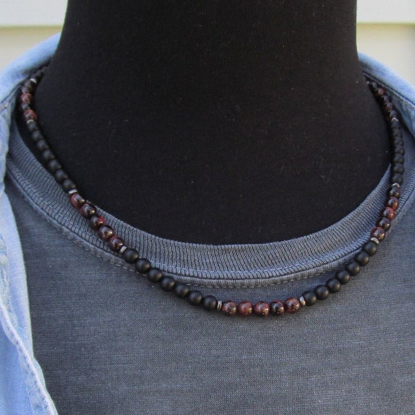 Mens Necklace, 6mm Red Tiger Eye and Matte Black Onyx Beaded Choker