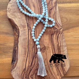 108 Bead Aquamarine Gemstone Mala.  Meditation, Spiritual Practice, Yoga, Japa Mala, Long Tassel Necklace, 8mm