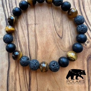 Black Onyx, Tiger Eye and Lava  8mm Beaded Gemstone Bracelet for Men, Fathers Day Gift, Present