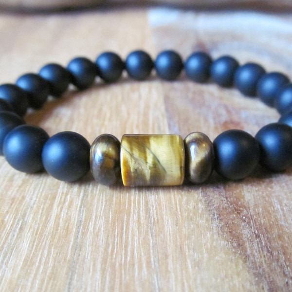 Tiger Eye and Onyx Mens Bracelet, Matte Black Onyx 8mm, Tigers Eye Bracelet, Tigereye, Gift for Men, Black Beaded Bracelet