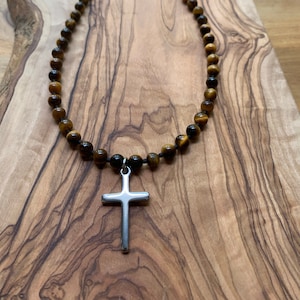Cross and 6mm Tiger Eye Gemstone Bead Necklace for Men or Women.