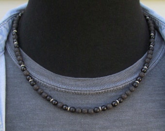 Men's Beaded Necklace, Black Onyx, Matte Black Onyx and Lava, 6mm Choker