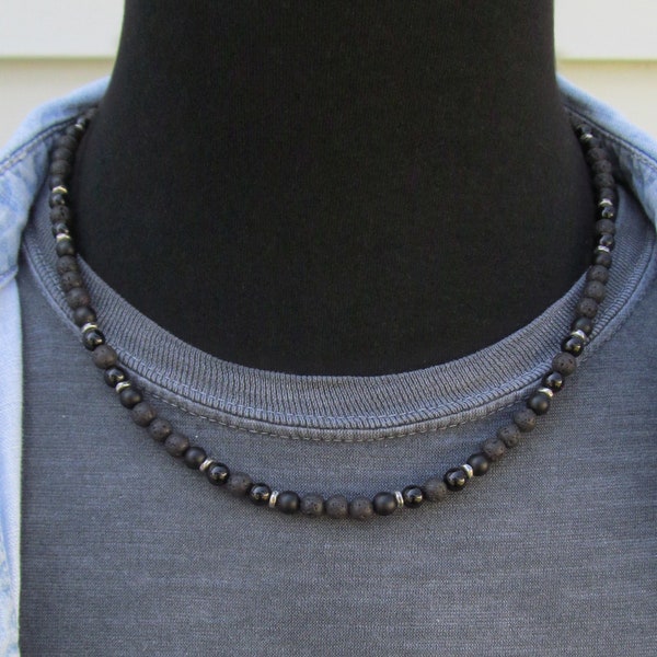 Men's Beaded Necklace, Black Onyx, Matte Black Onyx and Lava, 6mm Choker