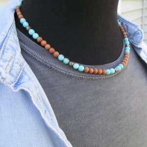 Sandalwood, Turquoise Magnesite and Pyrite Beaded Necklace for Men 6mm