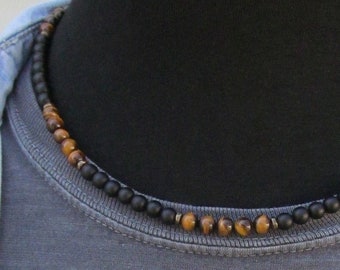 Mens Choker Tiger Eye and Onyx, Matte 6mm, Beaded Mens Necklace, Gift for Men, Mens Jewelry, Authentic Natural Gemstones