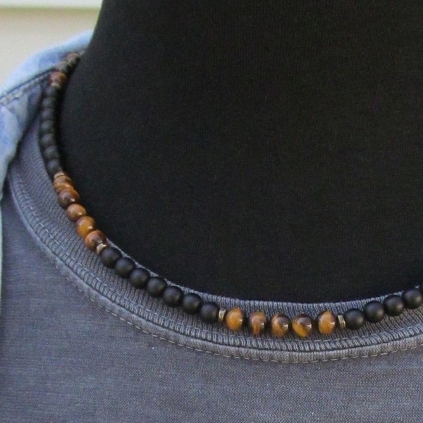 Mens Choker Tiger Eye and Onyx, Matte 6mm, Beaded Mens Necklace, Gift for Men, Mens Jewelry, Authentic Natural Gemstones