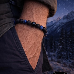 Men's Matte Black Onyx Bracelet: Lapis Lazuli & Black Lava Gemstone
