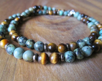 6mm Tiger Eye and African Turquoise Choker Necklace for Men