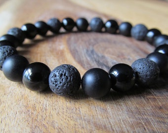 PWMEN Black Lava Rock Beads Matte Onyx Obsidian Beads Elastic Energy Stretch Women Bracelet with Cross 7.08