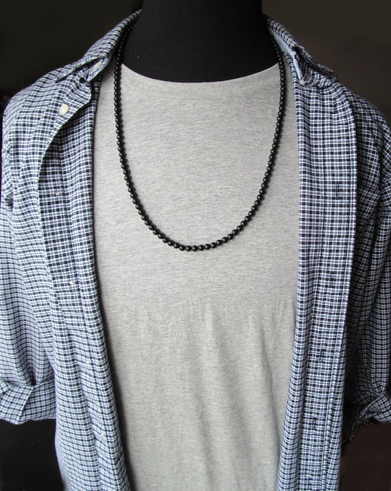 6mm Matte Black Onyx Necklace, Long Beaded Necklace for Men
