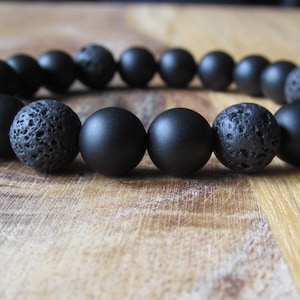 Volcanic Lava and Matte Black Onyx Beaded Bracelet for Men