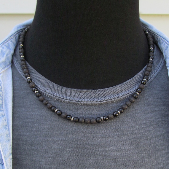 Collier Homme Pierre Noire – Onyx Mat Et Lave, Chaîne Choker Ajustable 59cm
