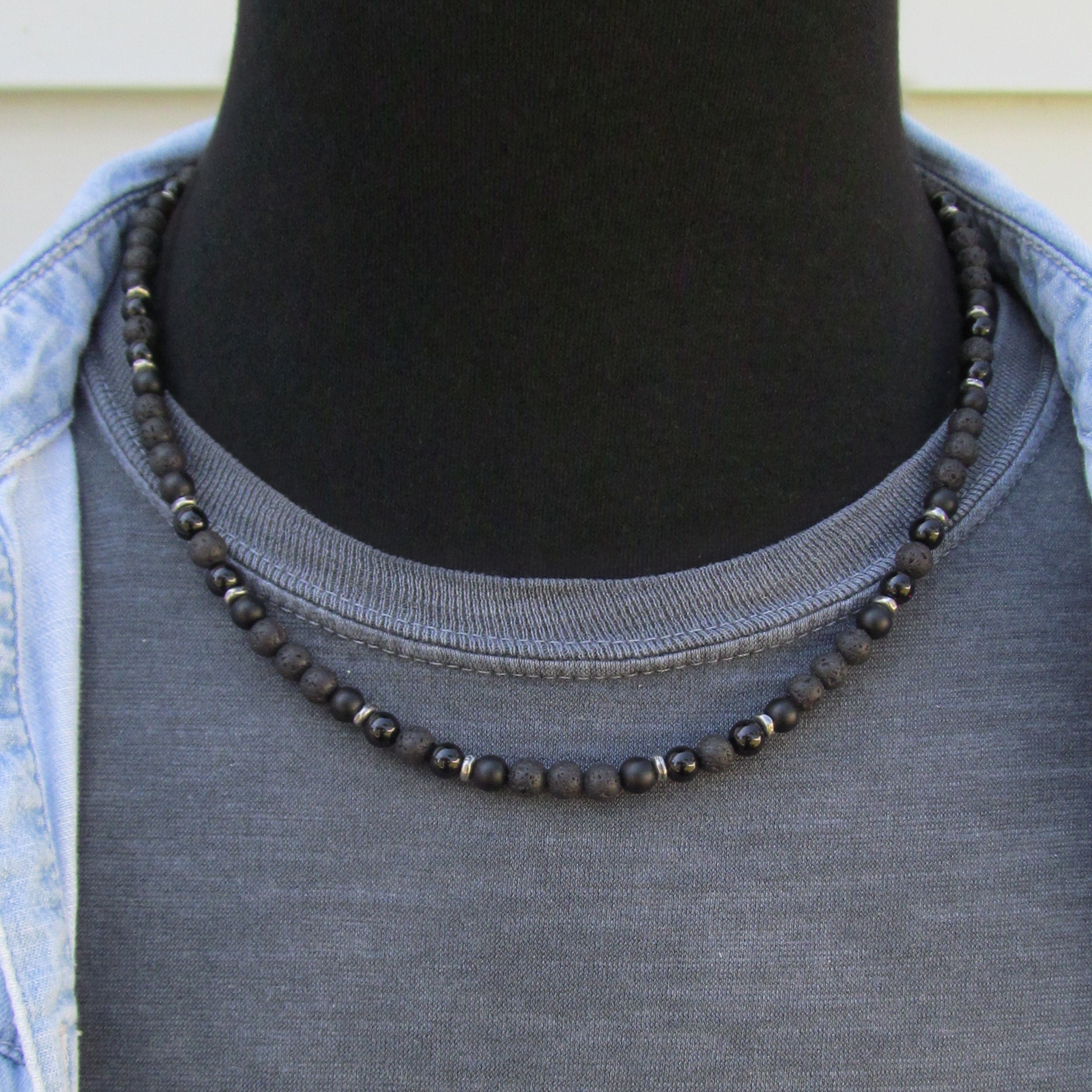 Men's Beaded Necklace, Black Onyx, Matte Black Onyx and Lava, 6mm Choker