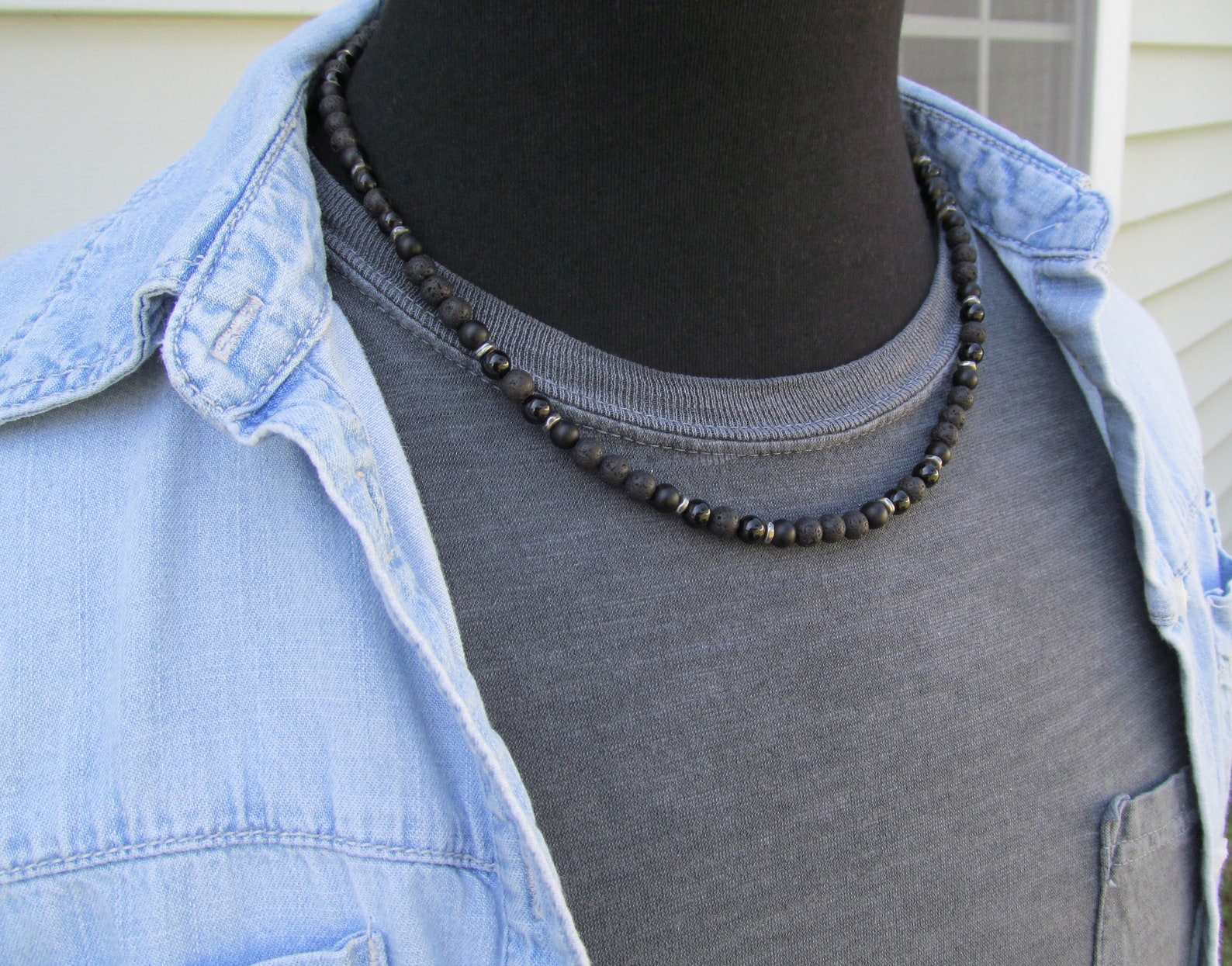 JaeBee Men's Black Onyx Beaded Necklace Set - Long And Short, Natural Stone Beads, Gifts