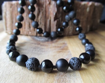 Lava, Black Onyx, and Matte Black Onyx Necklace for Men, 8mm Long Beaded Necklace, Gift for Men