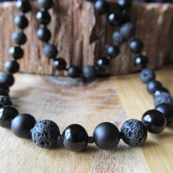 Lava, Black Onyx, and Matte Black Onyx Necklace for Men, 8mm Long Beaded Necklace, Gift for Men