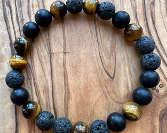 Black Onyx, Tiger Eye and Lava  8mm Beaded Gemstone Bracelet for Men, Fathers Day Gift, Present