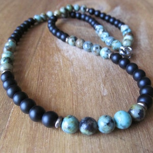 African Turquoise and Matte Black Onyx Necklace, Choker for Men 6mm