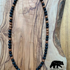 6mm Sandalwood, Matte Black Onyx and Black Lava Gemstone Necklace for Men