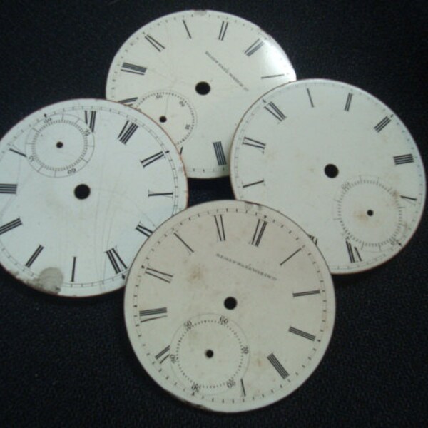 Antique set 4 different Vintage Pocket Watch Porcelain Faces or Dials craft repair Lot Supplies altered art steampunk parts collage old