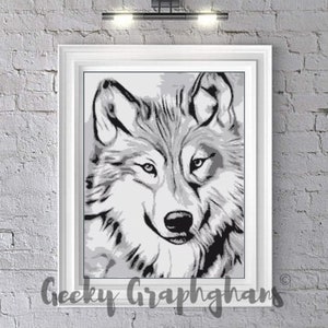 May include: A black and white illustration of a wolf's face. The wolf is looking directly at the viewer with a serious expression. The image is in a simple, minimalist style.