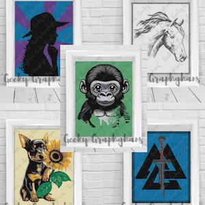 May include: Five framed prints with different designs. The top left print features a silhouette of a woman with a hat against a purple and blue striped background. The top right print features a black and white illustration of a horse's head. The bottom left print features a black and tan chihuahua with a sunflower. The bottom right print features a black and white sword with a blue and black triangle pattern. The centre print features a black and white illustration of a chimpanzee with a green background.