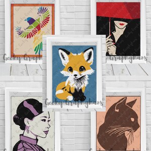 May include: Set of five framed digital art prints featuring a colourful bird, a fox, a woman with a red umbrella, a woman with a purple scarf, and a black cat. The prints are all in a minimalist style with bold colours and simple lines.