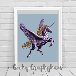 May include: A purple winged unicorn with a rainbow mane and tail, against a light blue background.