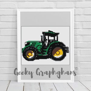 May include: A green and black tractor with yellow wheels. The tractor is in a pixelated style, like a cross-stitch pattern.