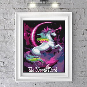 May include: A white unicorn with a rainbow mane and tail leaps in front of a crescent moon against a dark purple and pink galaxy background. The text "The Wooly Duck" is at the bottom of the image.