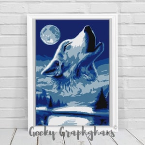 May include: A white wolf howls at the moon in a blue and white landscape. The moon is full and bright, and the wolf's eyes are closed. The wolf is surrounded by trees and a body of water.