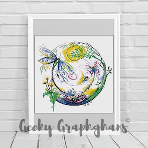 May include: A colorful cross-stitch pattern featuring a dragonfly, butterflies, and flowers in a circular design. The background is a light gray.