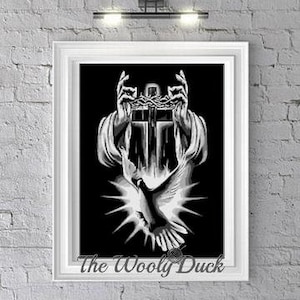 May include: Black and white cross stitch pattern of a dove with outstretched wings, holding a cross with a crown of thorns. The dove is surrounded by a burst of light rays. The background is black.