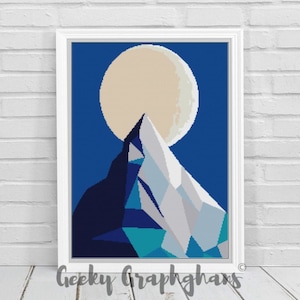Peut inclure: Impression d'art encadrée représentant une montagne géométrique sous une pleine lune. L'œuvre utilise des nuances de bleu, de blanc et de turquoise sur un fond bleu foncé. L'impression est dans un cadre blanc et est affichée sur un mur de briques blanches.